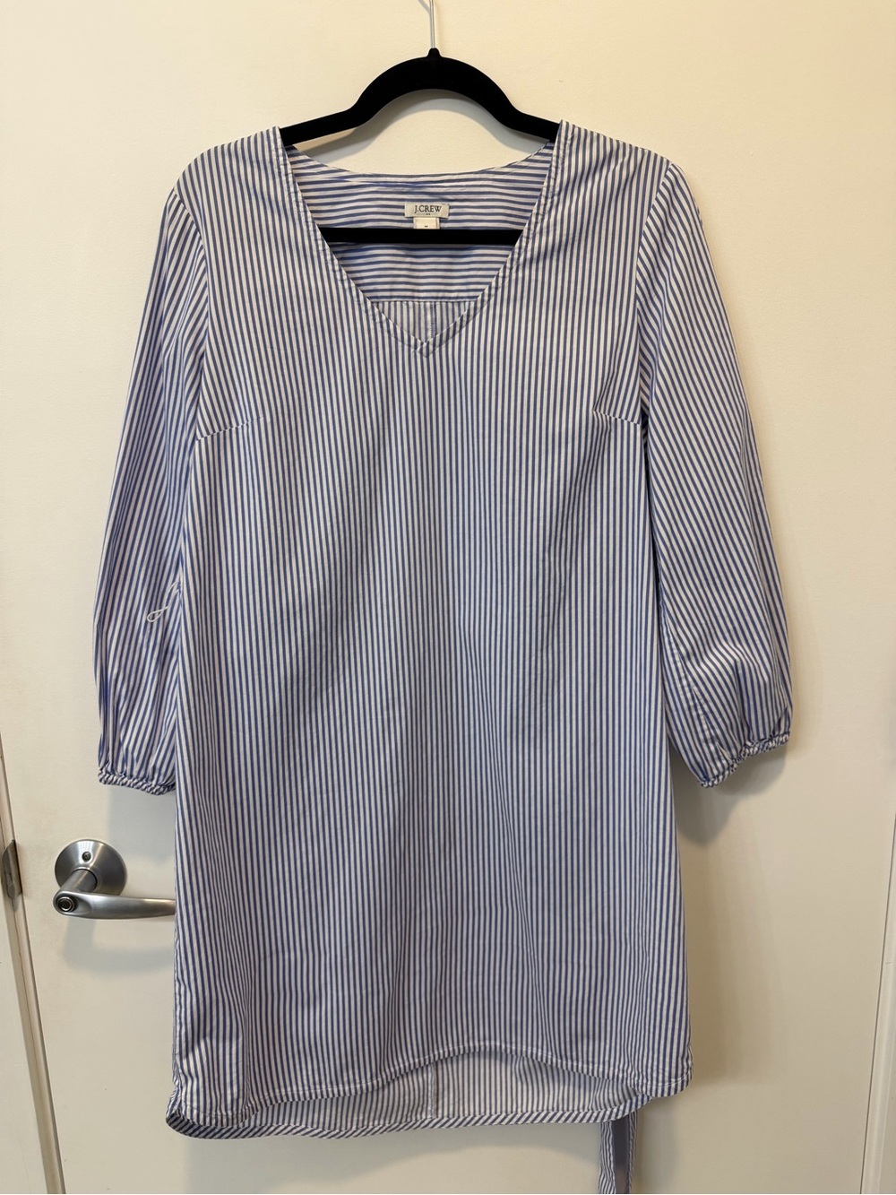 97% Cotton, J. Crew Blue and White Stripe V-Neck Dress with bow belt